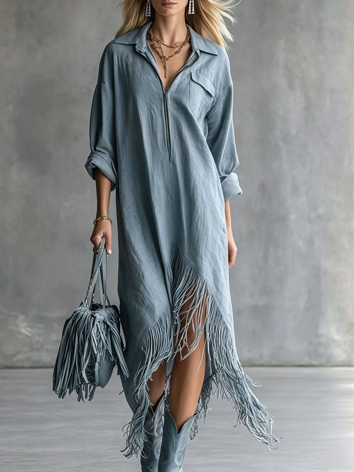 Women's Western Fringe Shirt Dress Asymmetrical Midi Boho