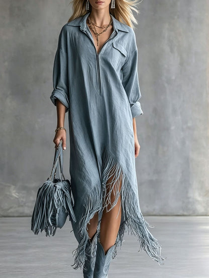 Women's Western Fringe Shirt Dress Asymmetrical Midi Boho