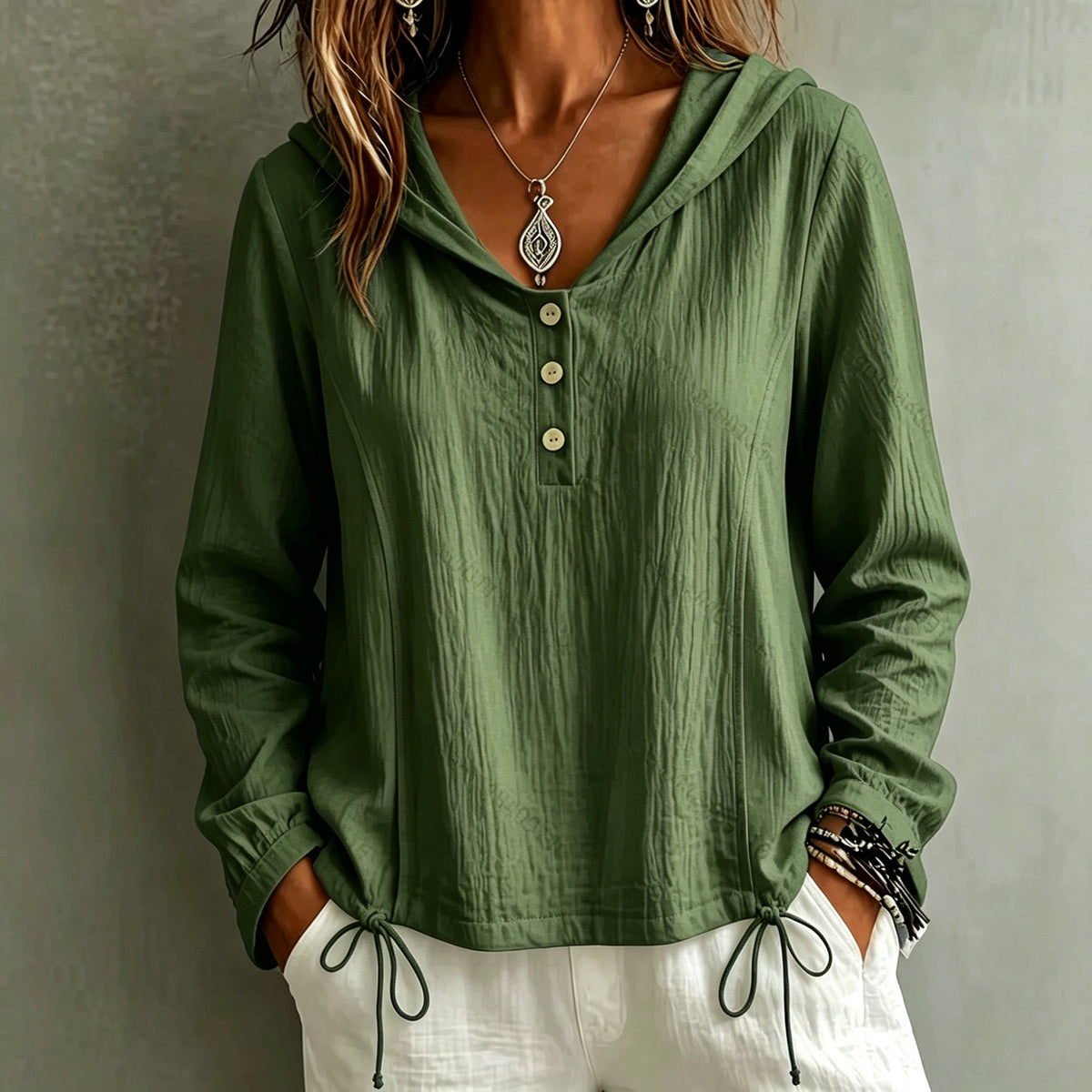 Women's Oversized Textured Hooded Henley Casual Top