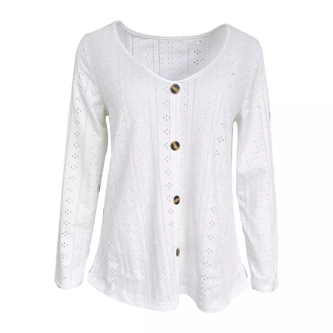 Women's V-Neck Button Jacquard Long Sleeve Top White