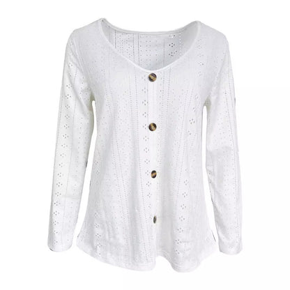 Women's V-Neck Button Jacquard Long Sleeve Top White