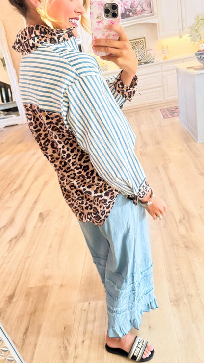 Leopard Patchwork Striped Button Down Oversized Shirt