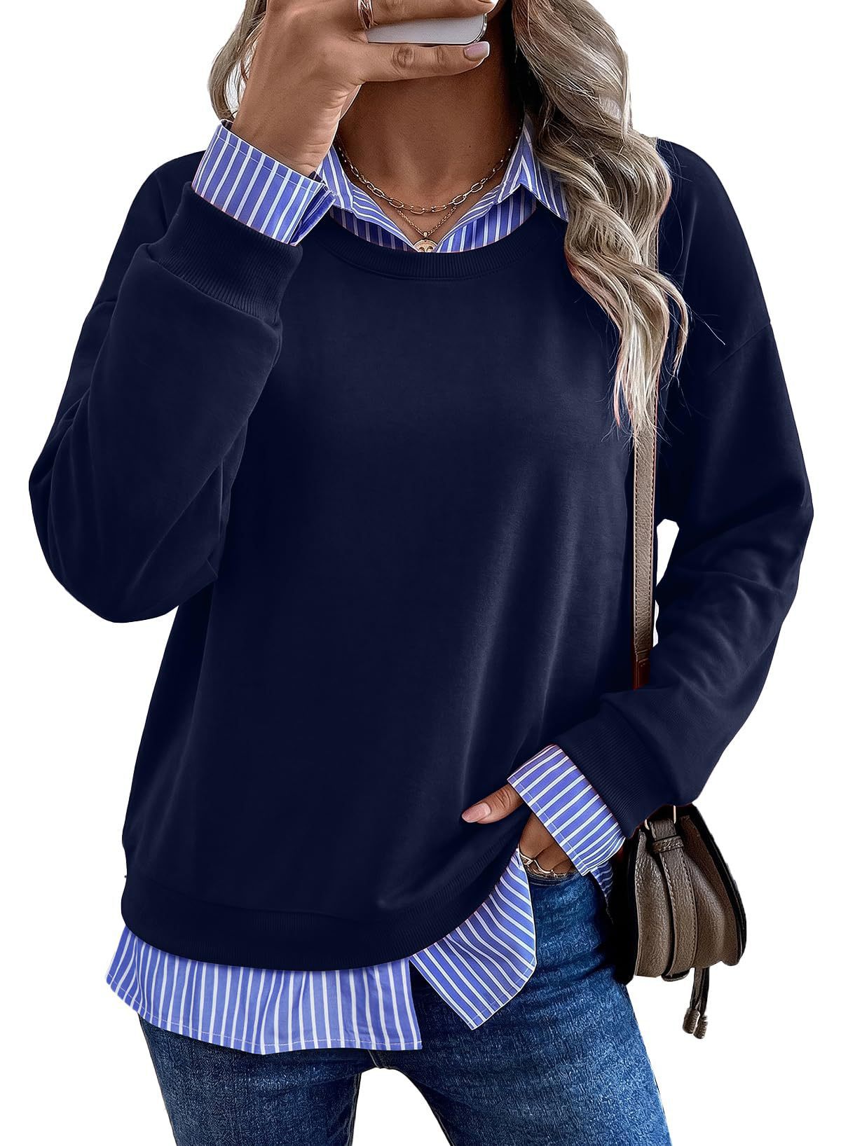 Faux Layered Sweatshirt Striped Collar Relaxed Fit