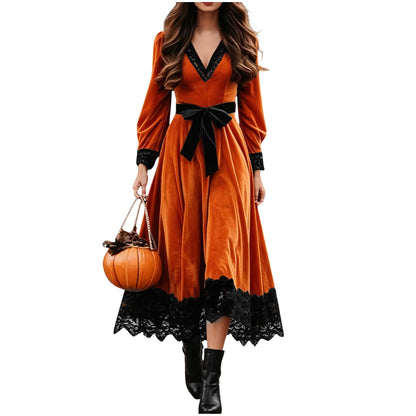 Velvet Maxi Dress V-Neck Lace Trim Puff Sleeve Flowy