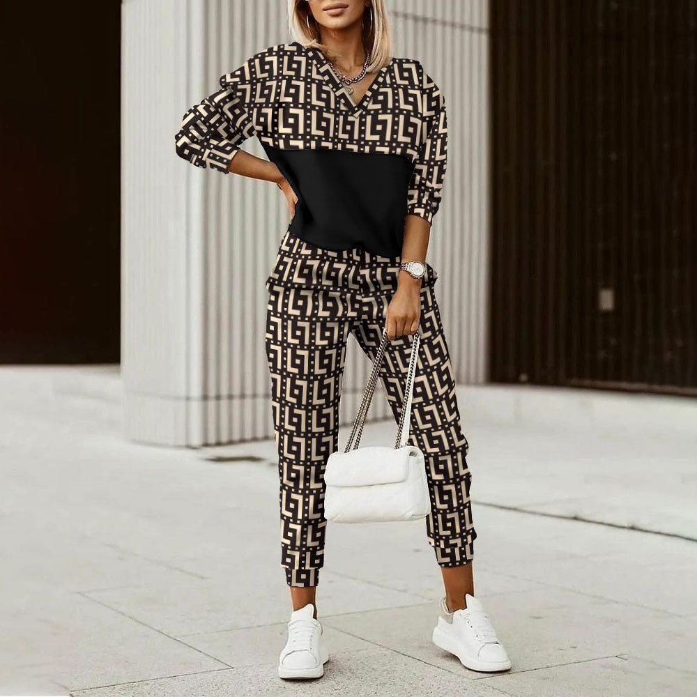 Women's Geometric Print Lounge Set Long Sleeve Top Pants