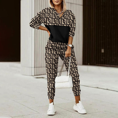 Women's Geometric Print Lounge Set Long Sleeve Top Pants