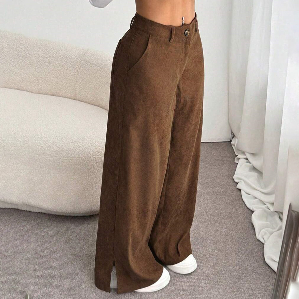 Women's Corduroy Wide Leg Pants Split Hem Pockets