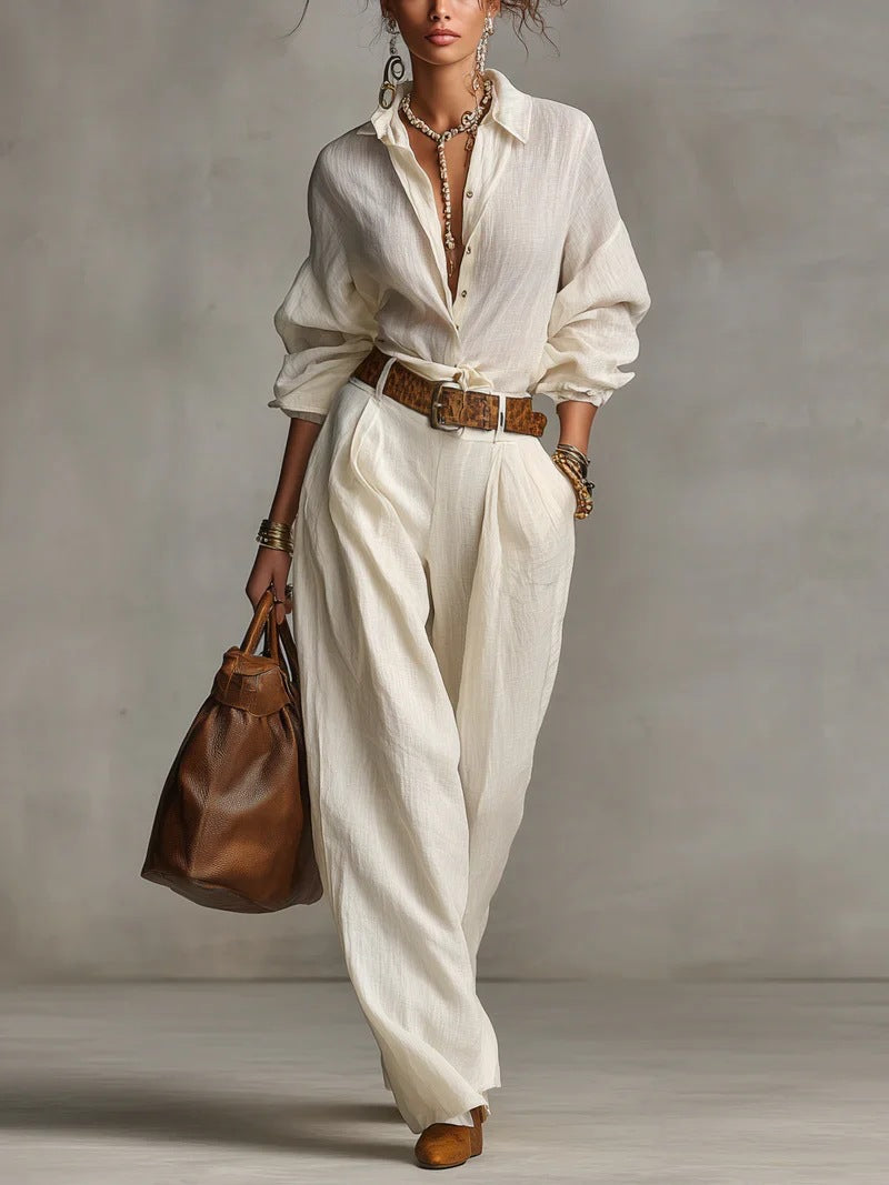 Women's Casual Blouse & Wide Leg Pants Two Piece Set