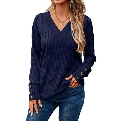 Women's V Neck Ribbed Long Sleeve Button Cuff Top