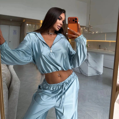 Women's Satin Zip Up Jacket Wide Leg Pants Two Piece Set