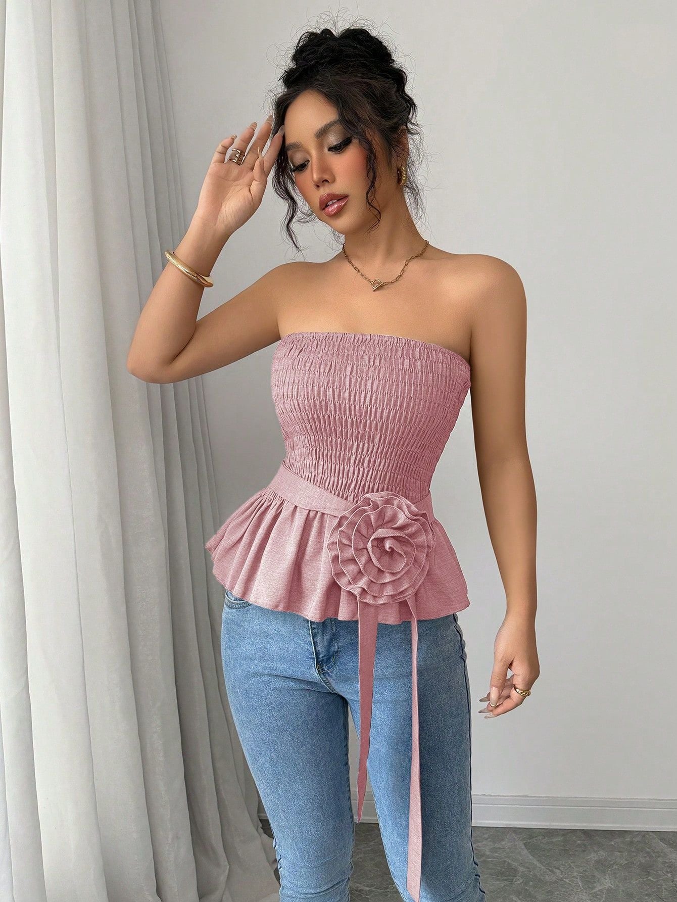 French Style Bandeau Top with Ruffle Hem and Rose