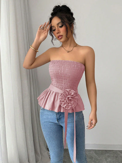 French Style Bandeau Top with Ruffle Hem and Rose