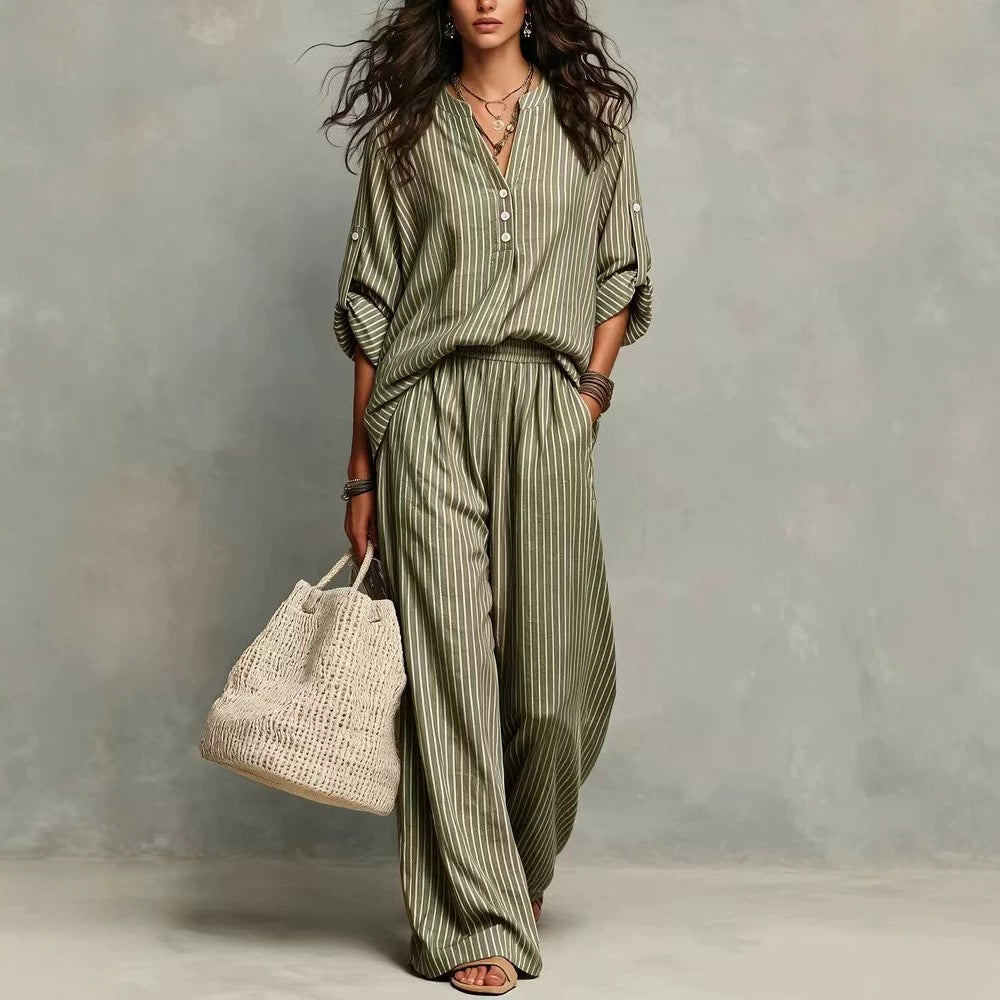 Women's Striped Cotton Lounge Set V-Neck Wide Leg Pants