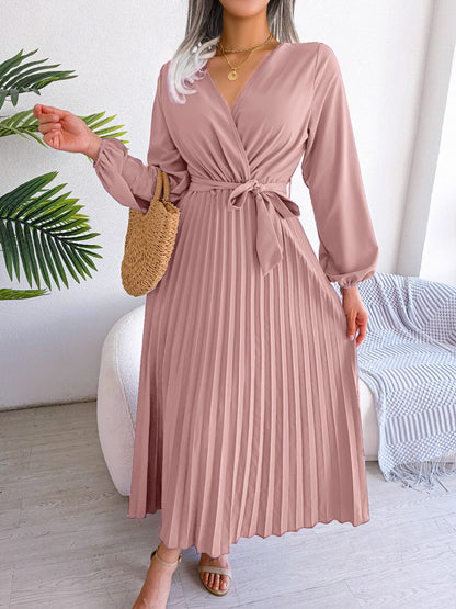 V-Neck Wrap Pleated Maxi Dress Long Sleeve Tie Waist