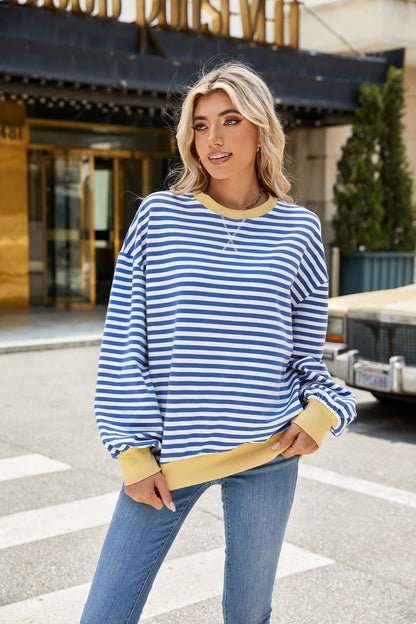 Striped Color Block Crew Neck Oversized Sweatshirt