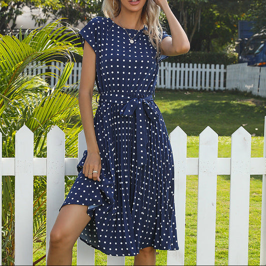 Polka Dot Midi Dress Pleated Tie Waist Short Sleeve