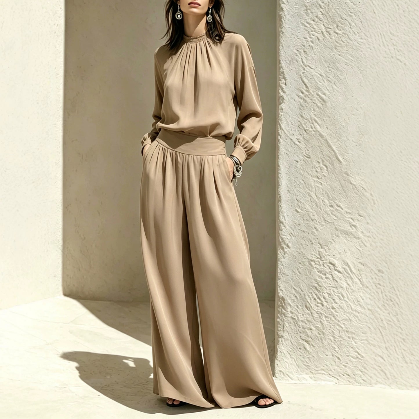 Women's Chic Mock Neck Wide Leg Pants Two Piece Set