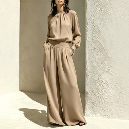 Women's Chic Mock Neck Wide Leg Pants Two Piece Set