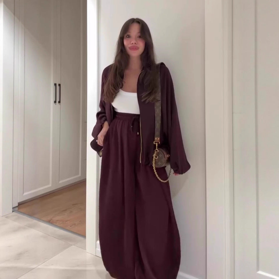 Women's Two Piece Zip Jacket Wide Leg Pants Set