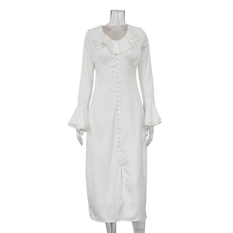 French Ruffle V Neck Button Front Flare Sleeve Midi Dress