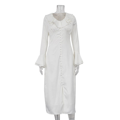 French Ruffle V Neck Button Front Flare Sleeve Midi Dress