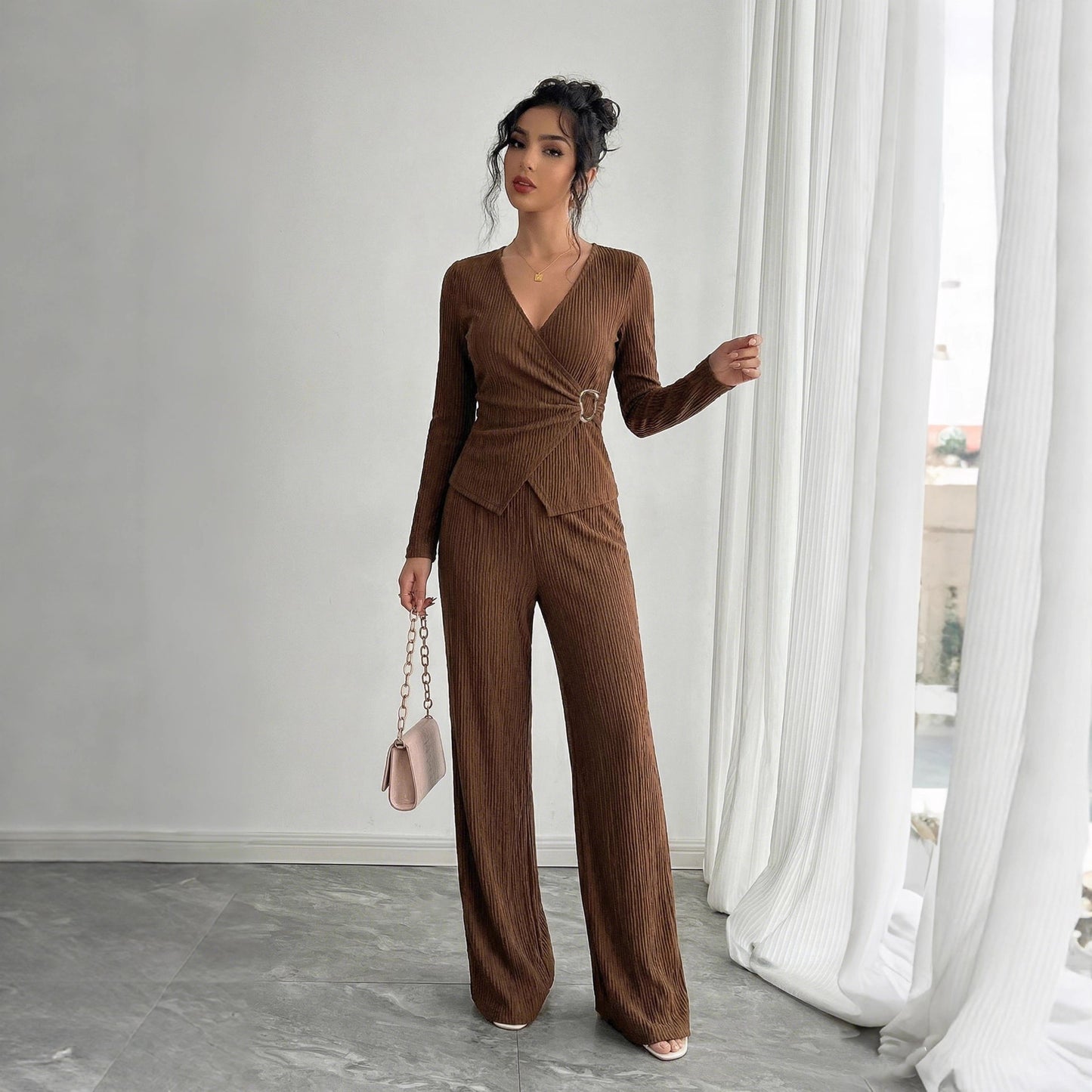 Ribbed Knit Wrap Lounge Set V Neck Top Wide Leg Pants