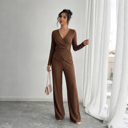 Ribbed Knit Wrap Lounge Set V Neck Top Wide Leg Pants
