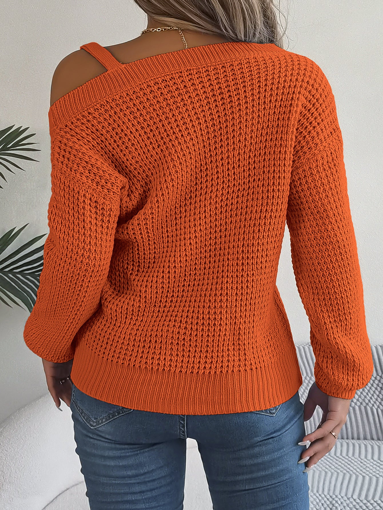Casual Metal Buckle Splicing Off-shoulder Lantern Sleeve Pullover Sweater
