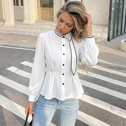 Contrast Trim Tie Neck Peplum Button Down Blouse