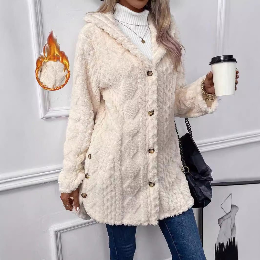 Women's Fuzzy Hooded Button Cardigan Winter Warm Coat