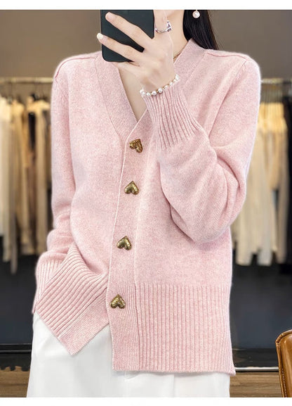 Women's Heart Button V-Neck Knit Cardigan Sweater
