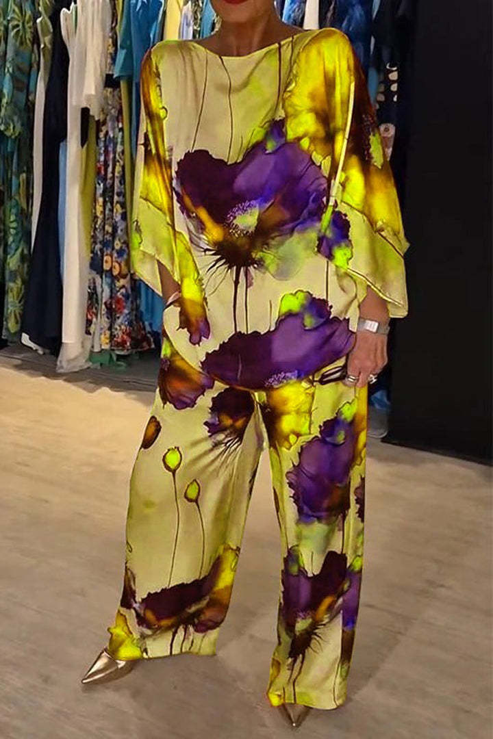 Women's Satin Floral Batwing Wide Leg Pants Set