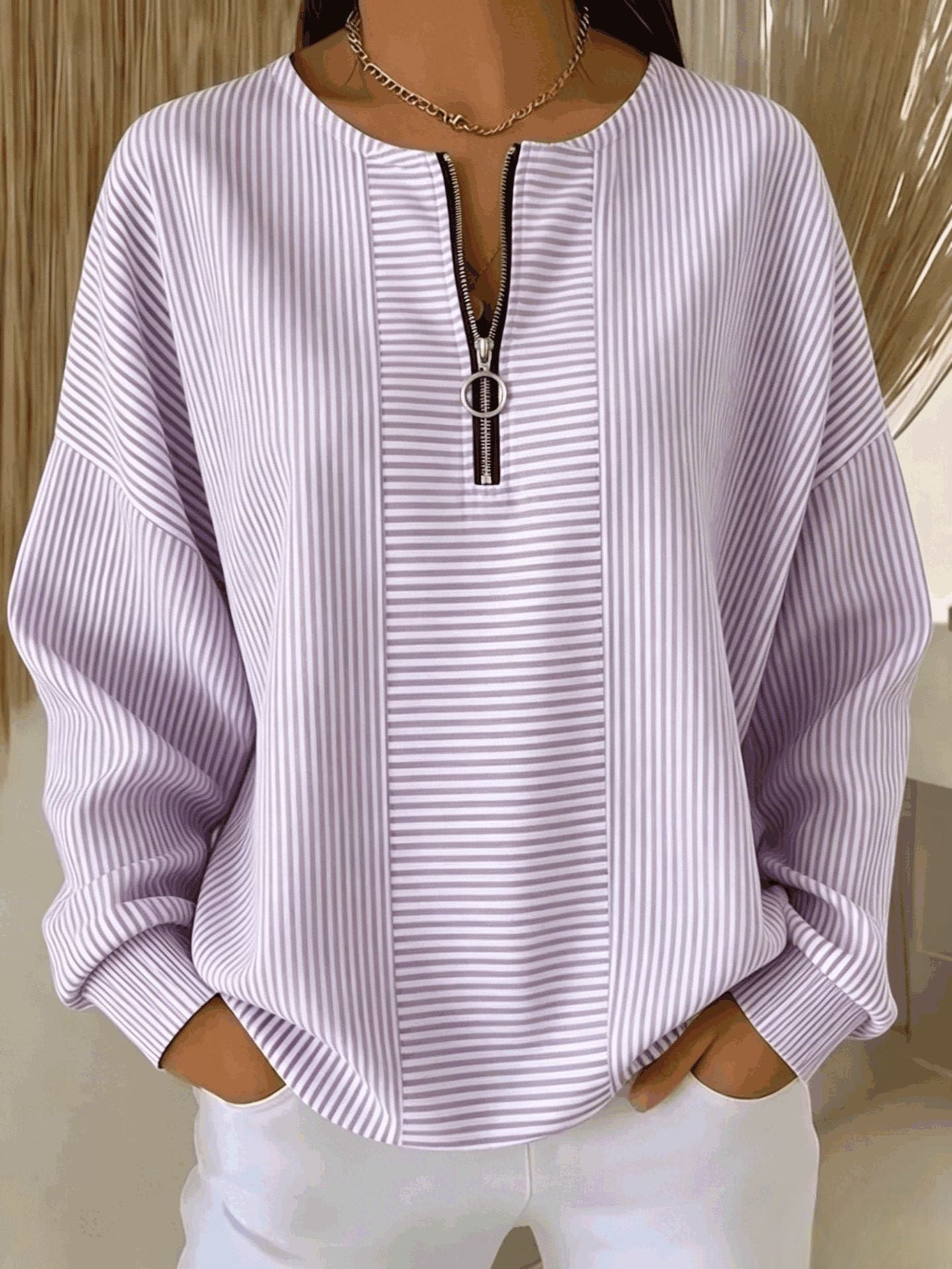 Women's Oversized Striped Half Zip Long Sleeve Top