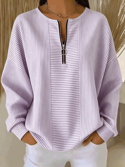 Women's Oversized Striped Half Zip Long Sleeve Top