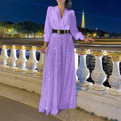 Sequin Jumpsuit Women V Neck Wide Leg Belted Long Sleeve