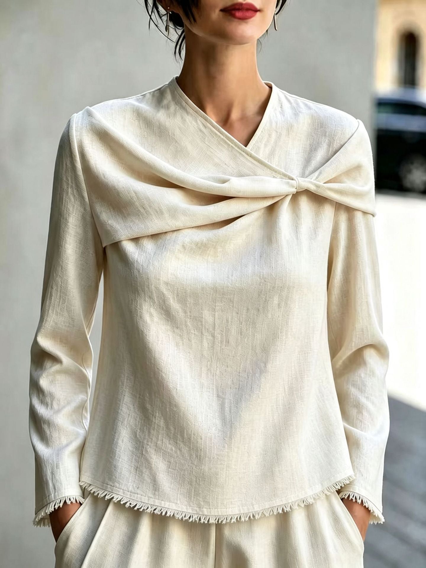 Women's Cotton Linen Cowl Neck Long Sleeve Blouse