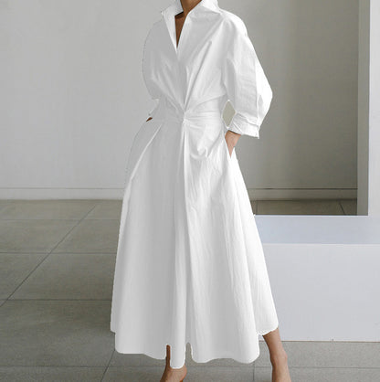 Women's Cotton Shirt Dress Collared Long Sleeve Maxi