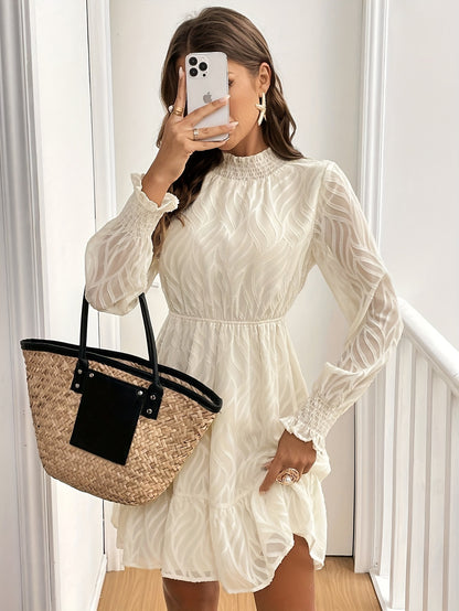 Smocked Mock Neck Bishop Sleeve Textured Mini Dress