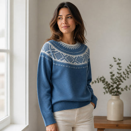 Womens Nordic Fair Isle Sweater Oversized Crewneck Blue