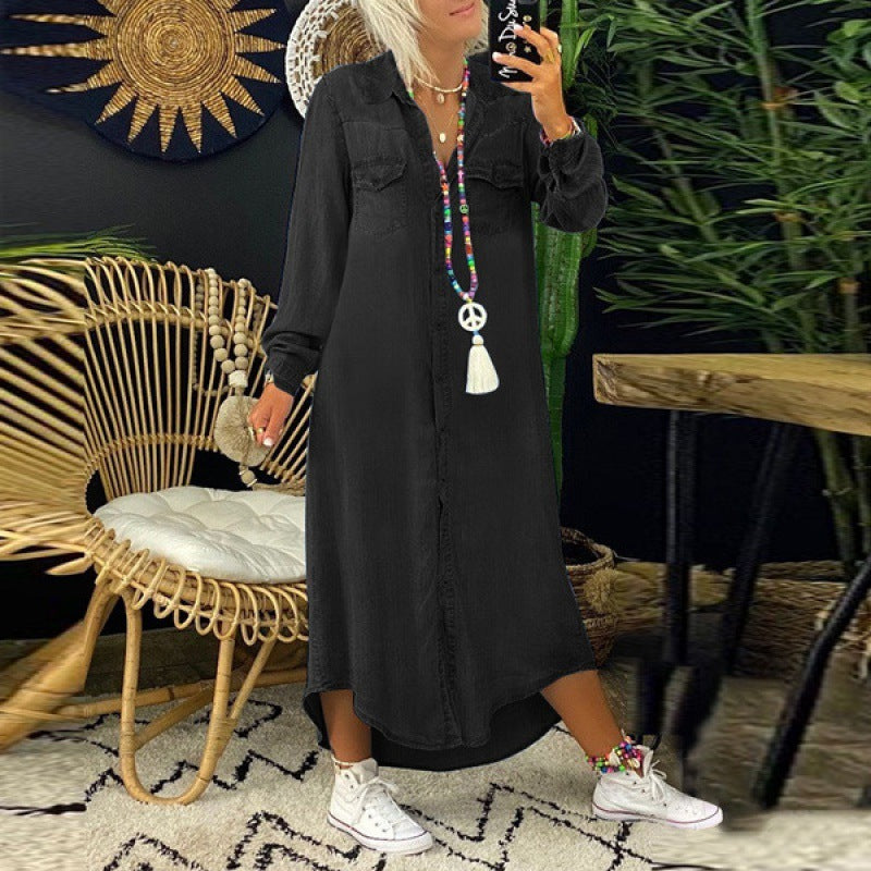 Denim Shirt Dress Long Sleeve Maxi Button Down Casual