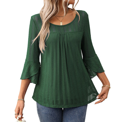 Elegant Round Neck Lotus Leaf Sleeve Mesh Top