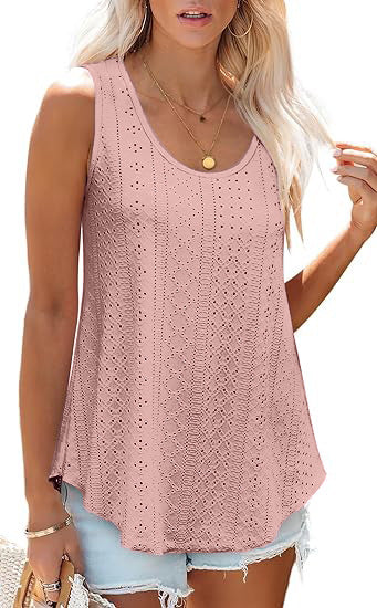 Eyelet Knit Tank Top Sleeveless Loose Fit Summer Top