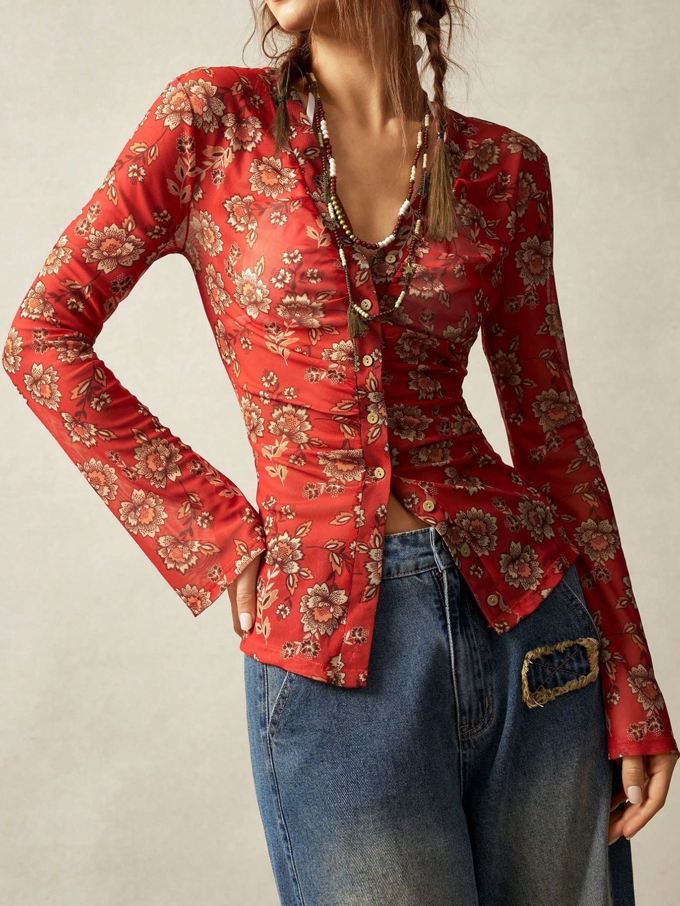 Vintage Floral Print V Neck Button Front Slim Fit Blouse