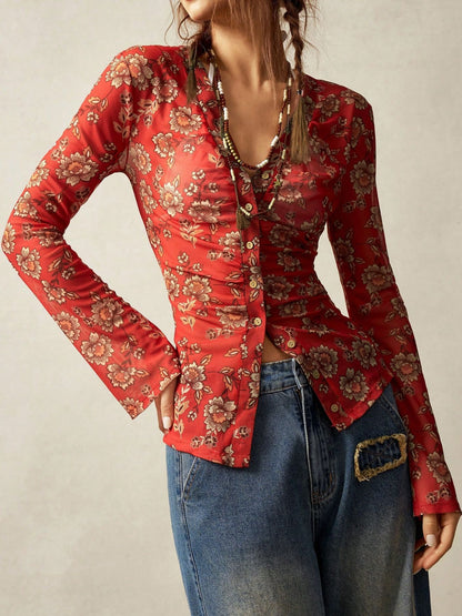 Vintage Floral Print V Neck Button Front Slim Fit Blouse