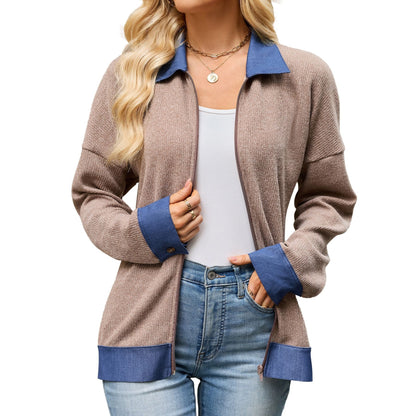 Women's Denim Contrast Zip Jacket Collared Long Sleeve
