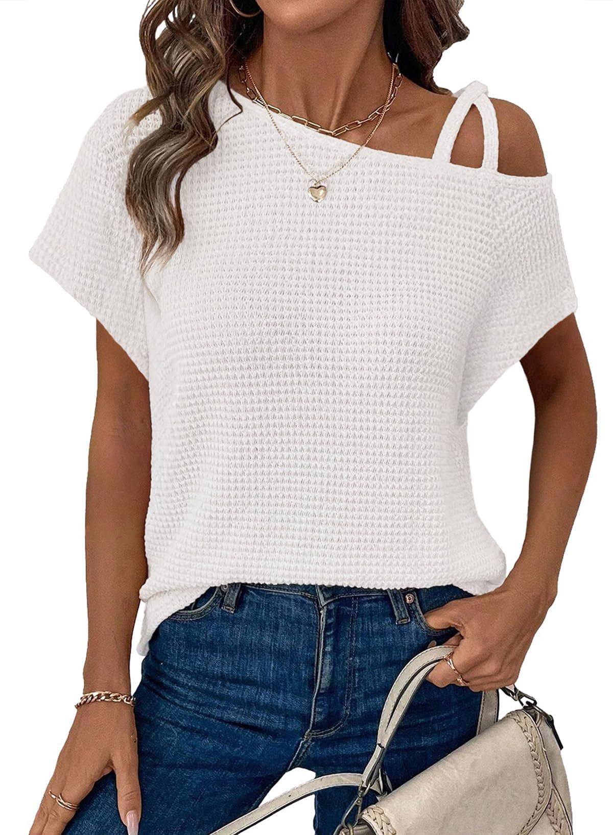 Women's Off-Shoulder Knit Top – Casual Summer Short Sleeve Blouse