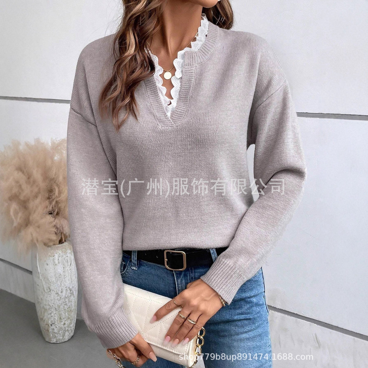 Women's Lace V-Neck Oversized Long Sleeve Knit Sweater