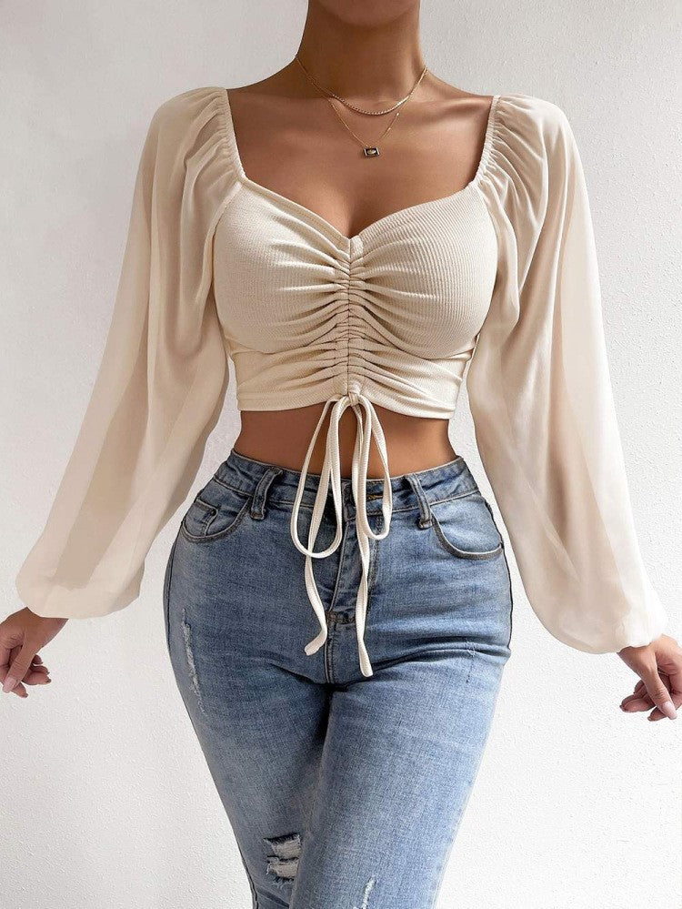 Women's Ruched Tie Front Crop Top Sheer Puff Sleeve Blouse