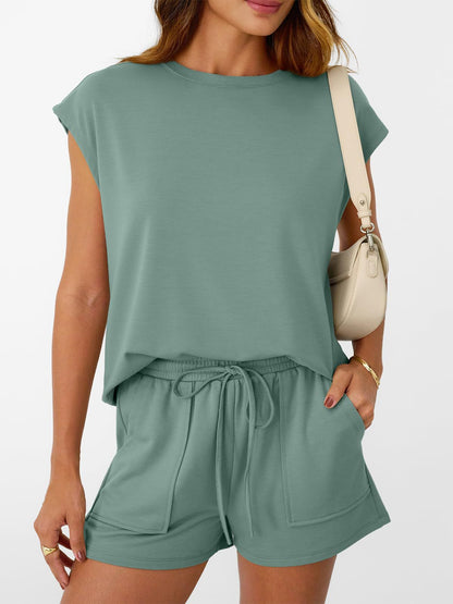 Solid Knit Shorts Set Crew Neck Pocket Lounge Outfit
