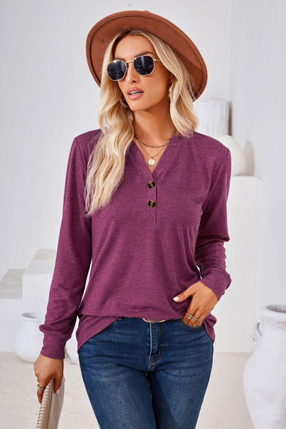 Women's Henley V Neck Long Sleeve Button Loose Tunic Top